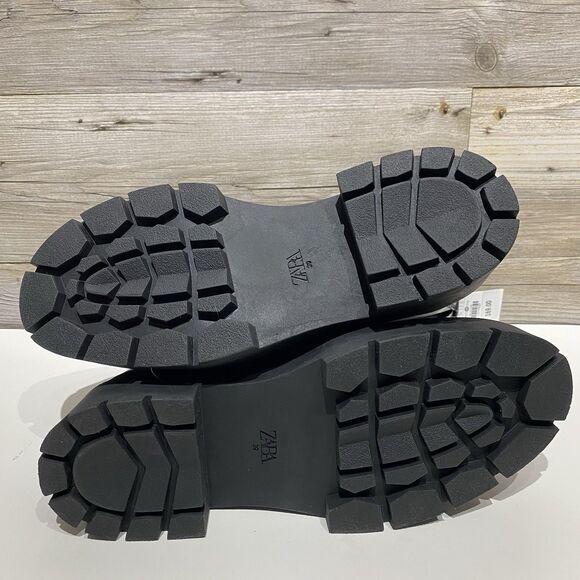 ZARA Chunky Lug Sole Ankle Boots Black Leather Buckles Side Zip Moto Y2K Size 8 - Picture 10 of 10